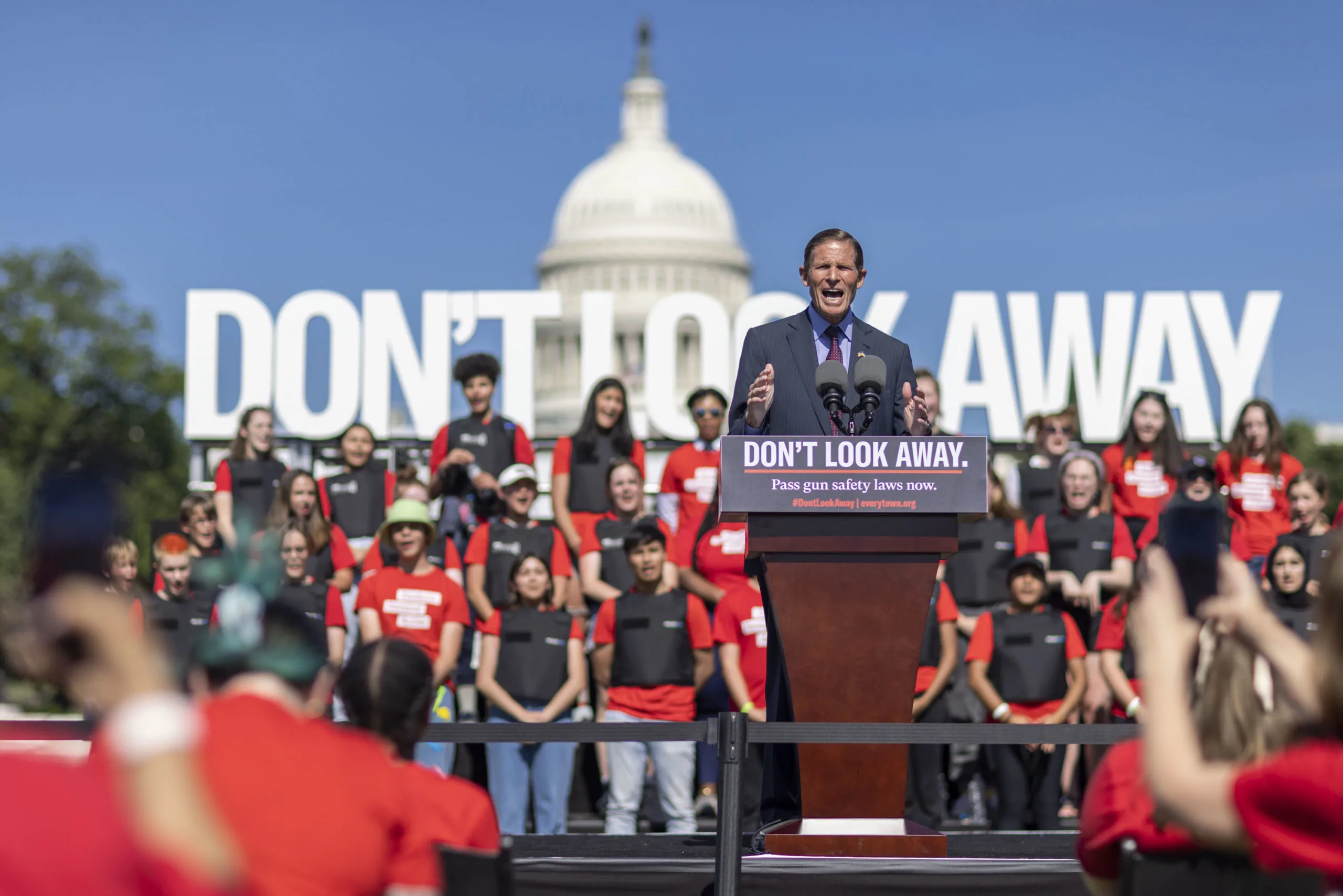 Sen. Richard Blumenthal speaking at the Don’t Look Away rally in front of other Students Demand Action volunteers at the U.S. Capitol