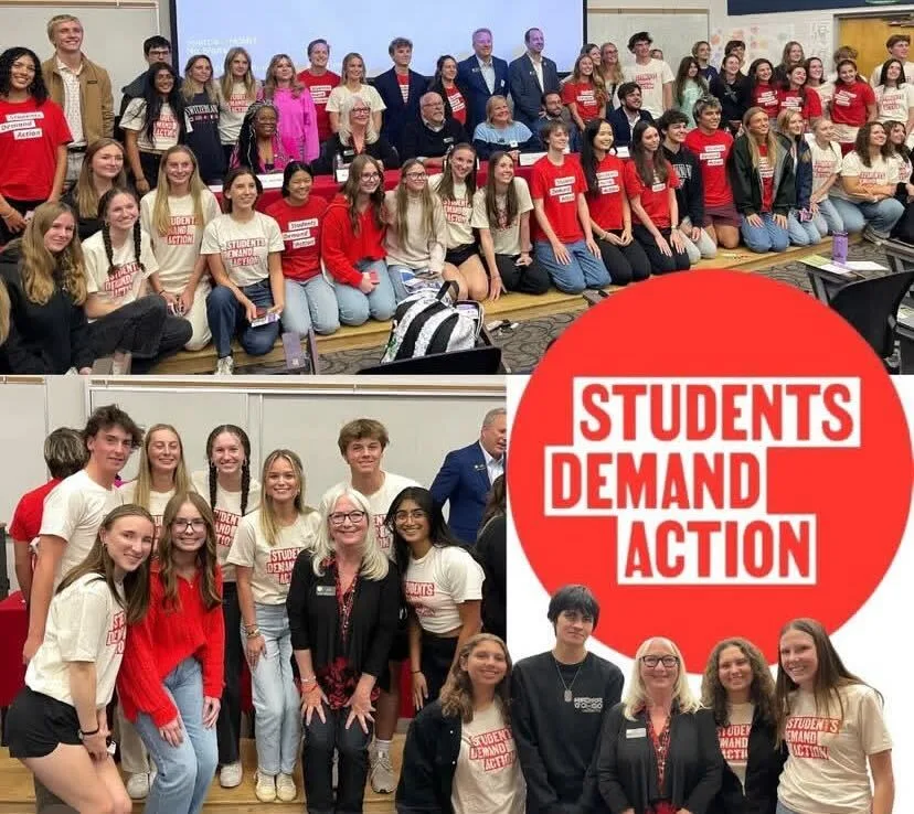 A photo collage of Denver Students Demand Action volunteers at the Denver gun violence prevention summit. The students wear either white Students Demand Action shirts with red block lettering, or red t-shirts with white lettering. The bottom right of the photo has a red circular Students Demand Action logo with white block-lettering.