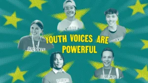 A green graphic with yellow stars has "Youth voices are powerful" written in yellow capital letters in the center of the graphic. 5 Students Demand Action Creator photos are positioned in a star pattern around the text. The Creators are 5 students who are engaged in social media advocacy to grow the gun violence prevention movement.