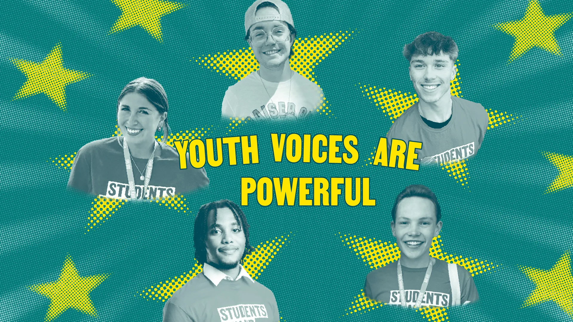 A green graphic with yellow stars has "Youth voices are powerful" written in yellow capital letters in the center of the graphic. 5 Students Demand Action Creator photos are positioned in a star pattern around the text. The Creators are 5 students who are engaged in social media advocacy to grow the gun violence prevention movement.