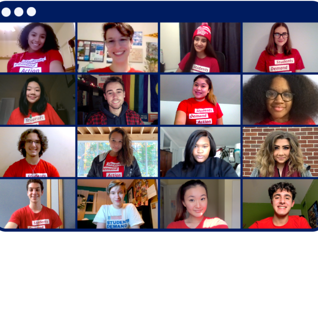 Images of the Students Demand Action Advisory Board members shown on a computer screen