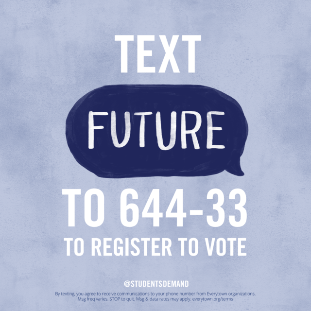 Square social media graphic with text, Text FUTURE to 644-33 to register to vote