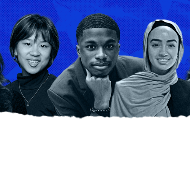 The headshots of the five featured students are superimposed on a cobalt blue blackground. The headshots are in a black-and-white color palette. The bottom half of the photo is plain white, and the headshots/blue background appear above the white background; they are blended by a texture that looks like a page has been ripped out of a notebook.