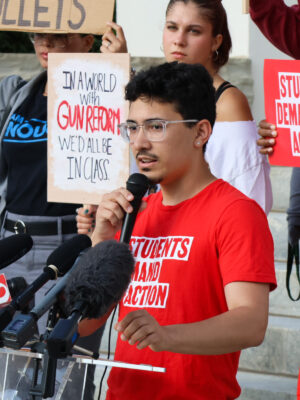 Andres Perez, a student at Florida State University, speaks at a rally for gun safety on the steps of the Florida Capitol Building six days after the 2025 mass shooting at Florida State University.
