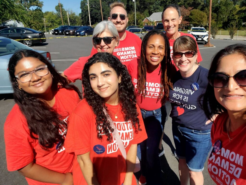 Two Students Demand Action volunteers and five Moms Demand Action volunteers canvass with Angela Ferrell-Zabala during the 2025 election cycle in Virginia.